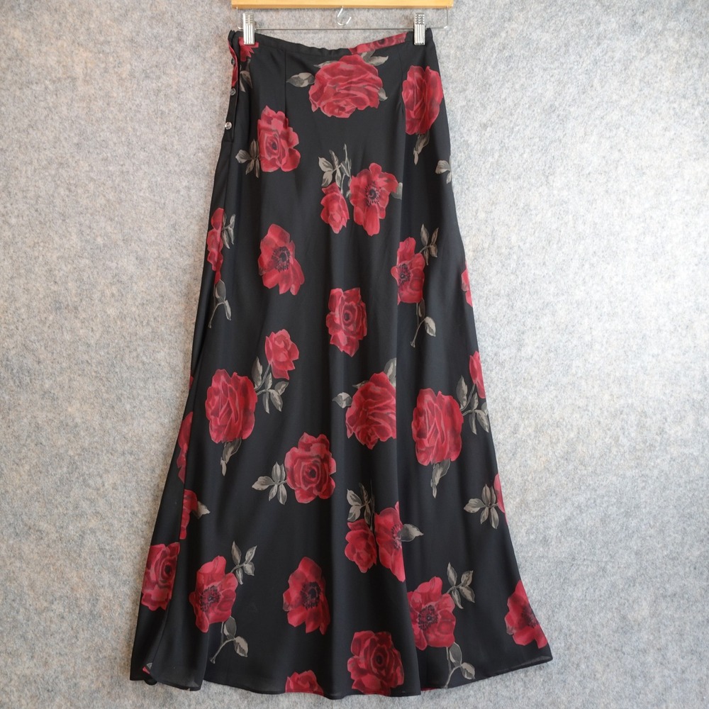 Vintage 90s Limited Maxi Skirt S Black Floral Rose Chiffon Romantic Whimsigoth - Picture 3 of 9